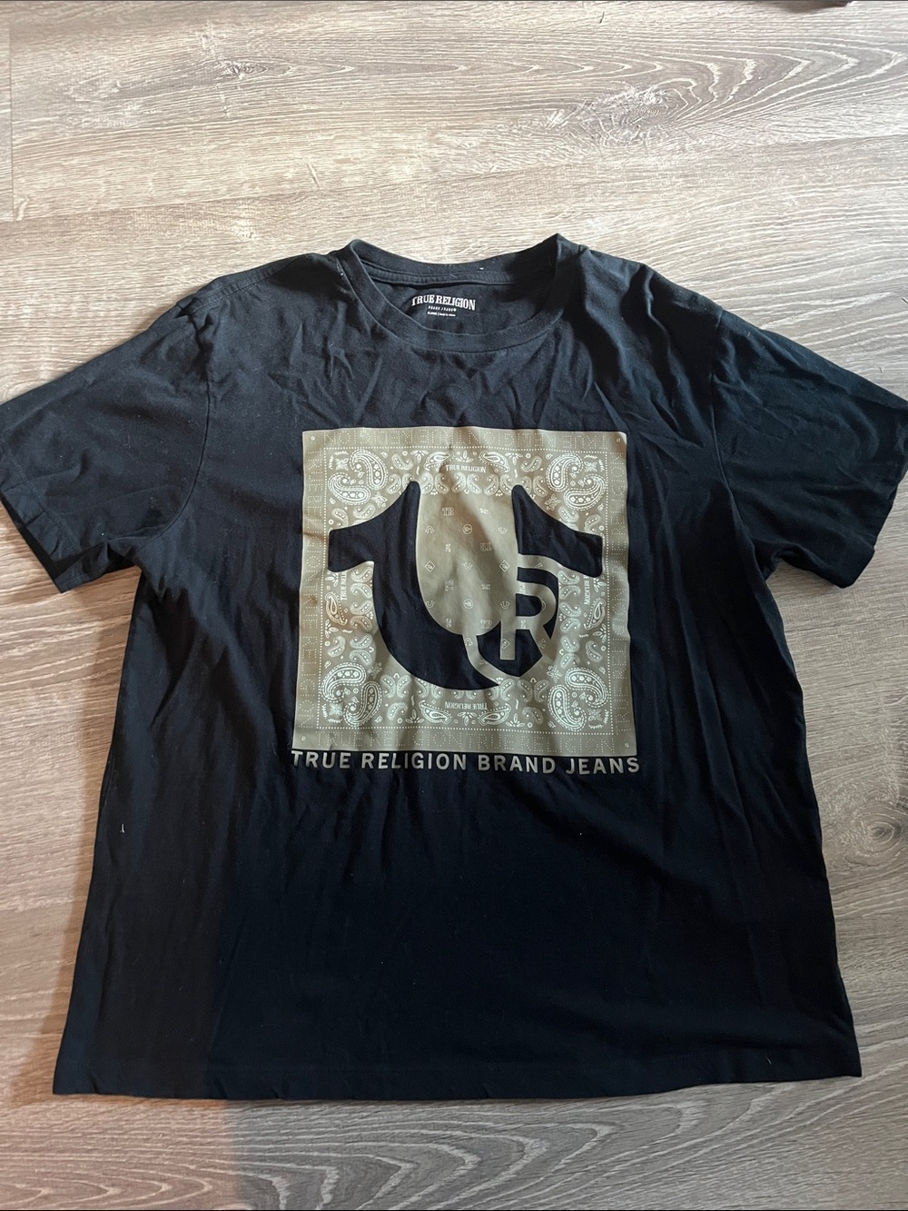 True Religion Black Tee with Tan Bandana Logo